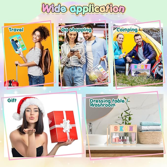 Abbylike 6 Pcs Chenille Letter Clear Zipper Pouch Summer Waterproof Cosmetic Pouch Travel Gym Beach Hawaii Bag Travel Patch Purse Makeup Letter Bag for Women Girls, 6 Colors(Macaron Colors,Cute)