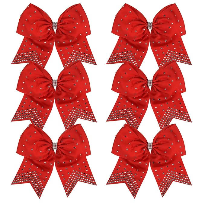 8 Inch Cheerleader Bows Ponytail Holder with Bling Fling Rhinestones Hair Tie Cheerleading Bows 6 Pcs (Red)