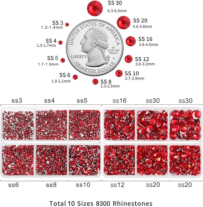 Beadsland 8300PCS Flatback Rhinestones, Light Red Rhinestone Round Crystal Rhinestones for Crafts, Mixed 10 Sizes with Wax Pencil and Tweezer Kit, SS3-SS30, Light Siam