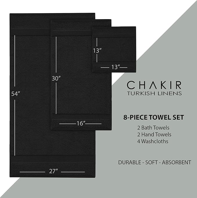 Chakir Turkish Linens Premium Cotton Absorbent Turkish Towels (8-Piece Towel Set, Black)