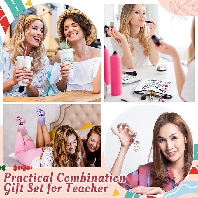 24 Pcs Teacher Appreciation Gift from Students 2025 Teachers' Day Thank You Gifts Bulk 24 oz Plastic Tumbler Cup Makeup Cosmetic Bag with Zipper Crew Sock Keychain for Retirement(Rainbow)