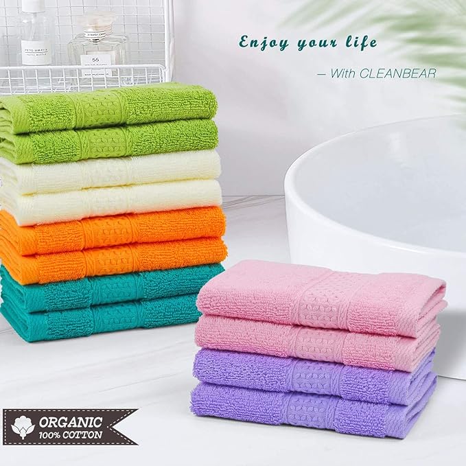 Cleanbear Face Cloths 12 Pack Washcloths 100% Cotton Wash Cloth for Face - Large Bath Washcloths 13 by 13 Inches with Multi Colors