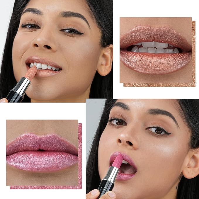 2pcs Glitter Lipstick High Impact Lipcolor,Nude and Pink Lipstick Moisturizing Creamy Formula,Metallic Lipstick For Women For Vegan & Cruelty-Free,Full-Coverage Lip Color