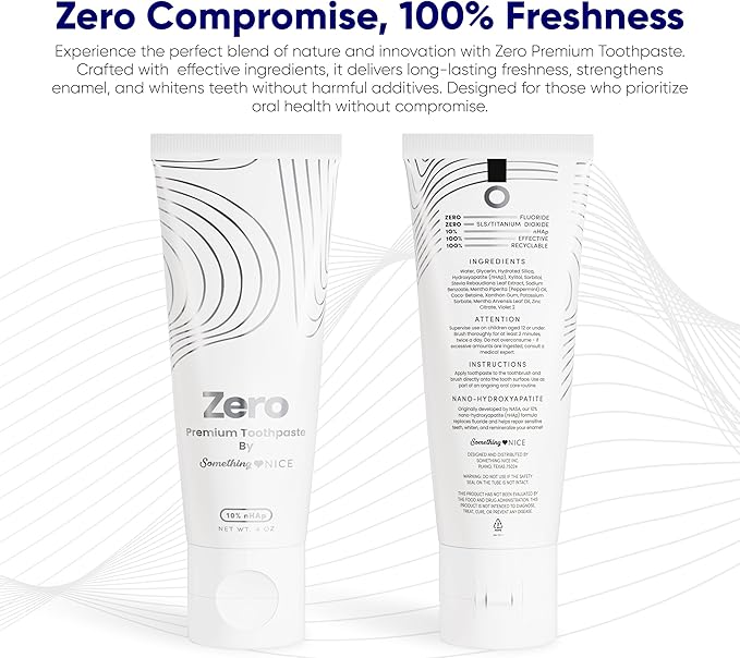 Zero Premium Toothpaste by Something Nice – Dentist Recommended Mint-Flavored Toothpaste with 10% Nano Hydroxyapatite, Fluoride-Free, SLS-Free, Enamel Repair for Adults & Kids Oral Care, Made in USA