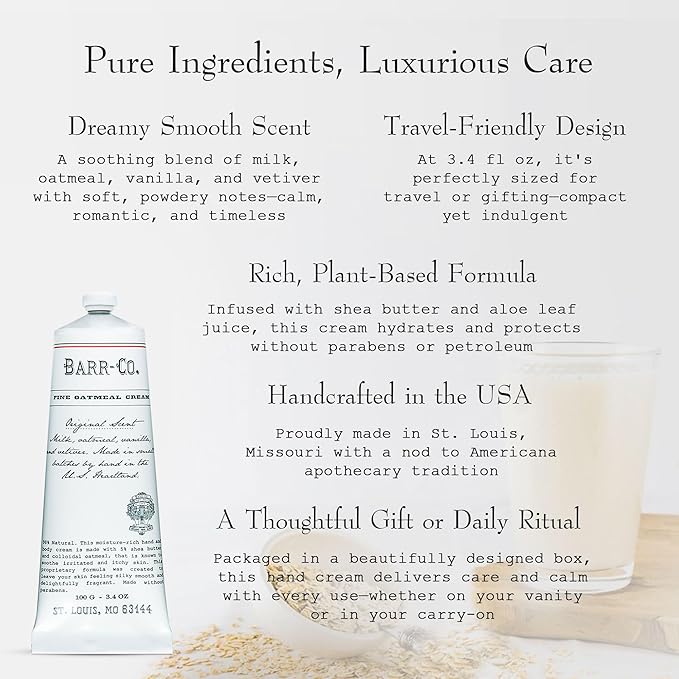 BARR-CO. Hand Cream Original Scent, Tranquil Milky Scent with Oat, Vanilla & Vetiver, Hand Cream for Dry & Cracked Hands, Shea Butter Cream, 3.4 fl oz