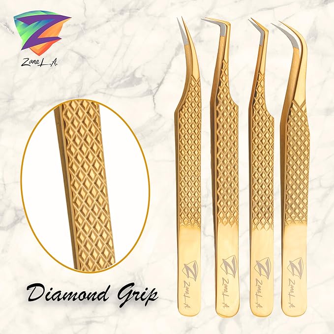 Nano Fiber Tip Professional Eyelash Extension Tweezers, a pack of 4, Quality tweezers made with Japanese Stainless Steel, includes Stylish Half Moon Mirror. (Gold)