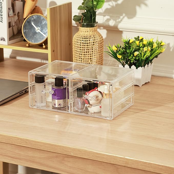 Cq Acrylic 2 Pack Clear Desk Organizer With 5 Drawers, Skincare & Makeup Organizer for Vanity, Hair Clip & Jewelry