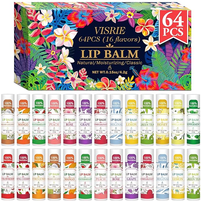 64 Pack Lip Balm, Natural Lip Balm Bulk with Vitamin E and Coconut Oil, Bulk Moisturizing Lip Balms for Dry Lips-16 Flavors