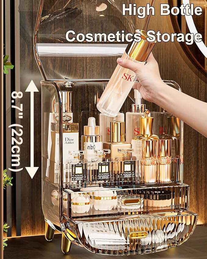 Makeup Organizer, Large Capacity Cosmetics Makeup Organizer for Vanity, Dustproof Waterproof Cosmetics Display Case with Drawers for Skincare, Lipstick, Brushes and Jewelry (Green)