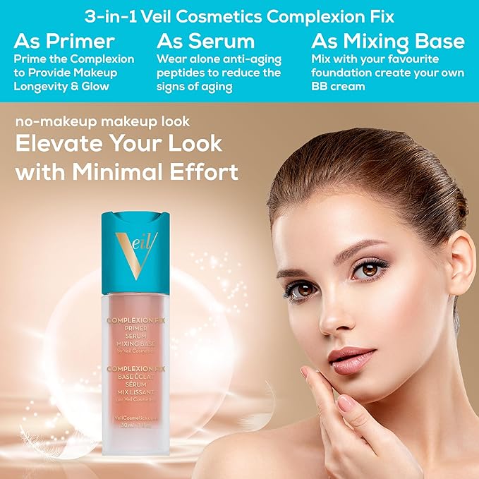 Veil Cosmetics Complexion Fix 3-in-1 Primer - Serum, Mixing Base, Primer - Pore Minimizing - Hydrate, Brighten & Soothe - Smooths Wrinkles & Fine Lines - Extend Makeup Wear - Vegan - Beautiful Skin