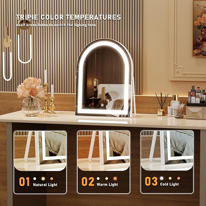 14" Elegant LED Vanity Mirror with 3-Color Adjustable Lights, Lighted Makeup Mirror 360° Rotating Stand & Touch Control - Perfect Makeup Gift for Women