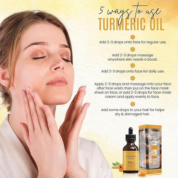Organic Turmeric Oil for Skin Lightening - Turmeric Face Oil for Dark Spots, Anti-Aging & Hydrating Dry Skin - Glow Moisturizer for Face, Neck & Eyes (4 FL OZ / 60 ML)