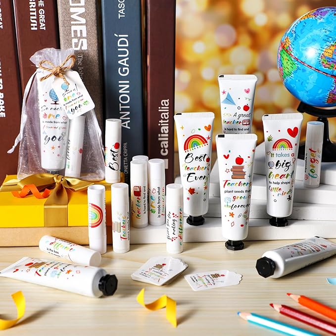 24 Set Teacher Appreciation Gifts Lip Balm Hand Cream Thank You Gifts with Cards Organza Bags Travel Size Moisturizing Hand Lotion for Dry Crack Hand Teachers' Day