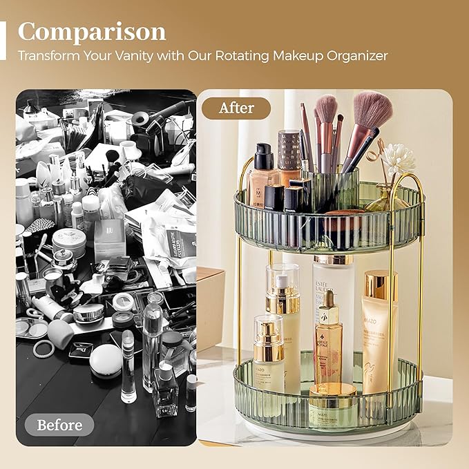 Aveniee Rotating Makeup Organizer for Vanity, Upagraded Perfume Skincare Bathroom Counter Organizers with Brush Divider, 2 Tier Spinning Lipstick Cosmetic Lotion Storage(Green)
