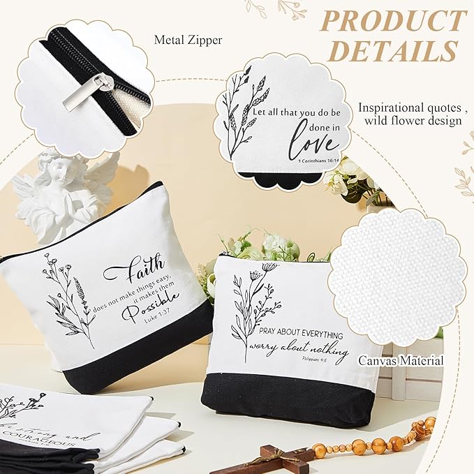 10Pcs Christian Gifts for Women Religious Cosmetic Bags Inspirational Bible Verse Pencil Pouch Canvas Makeup Bags Bulk with Zipper for Mother Sister Church Favors