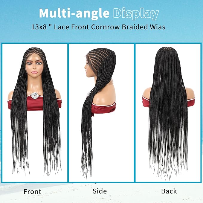 13x8 HD Lace Front Braided Wigs Cornrow Braided Wigs for Women Box Braid Wig with Baby Hair Middle Parted Human Hair Blended Braided Lace Front Wigs Black 36 Inch