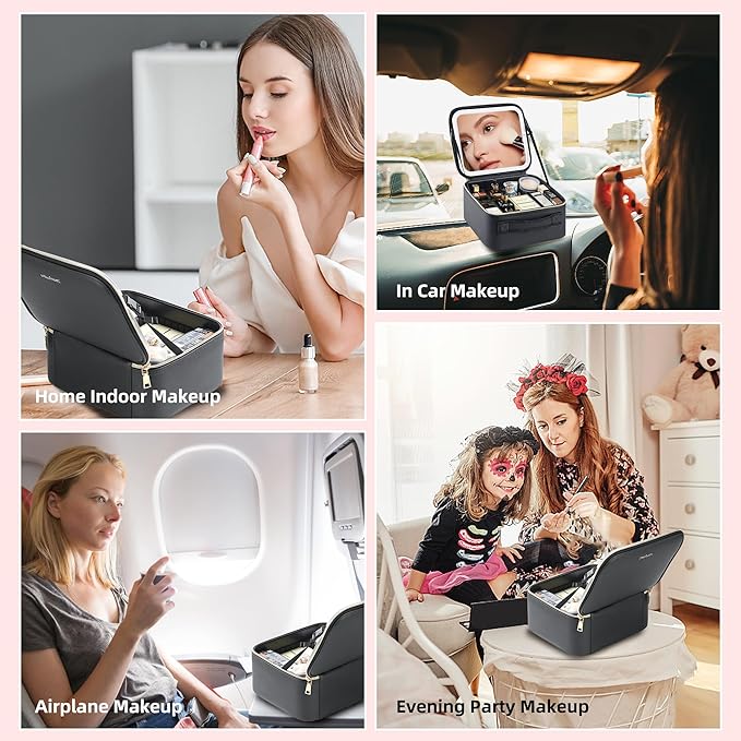 Travel Makeup Bag with LED Mirror – Waterproof Cosmetic Train Case with Adjustable Dividers, Portable Makeup Organizer and Toiletry Bag for Women, Teens & Girls Gift, Black