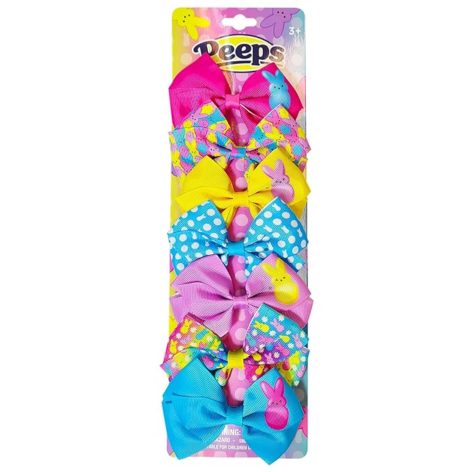 PEEPS Hair Bows Bundle - 7 Pcs 4 Inch Alligator Clips with Different Prints, Easter Bunny Themed for Girls, Toddlers 3+