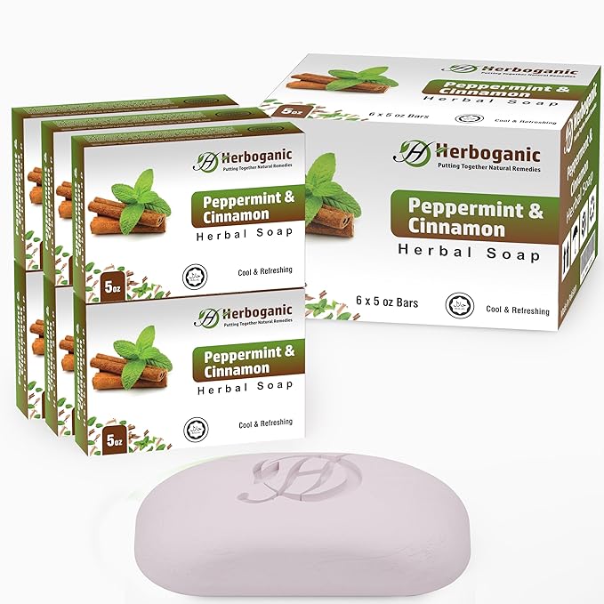 Peppermint and Cinnamon Herbal Soap | Pack of 6 of 5oz soap Bar | Ideal for Men and Women, Soothing and Nourishing Soap for Moisturization