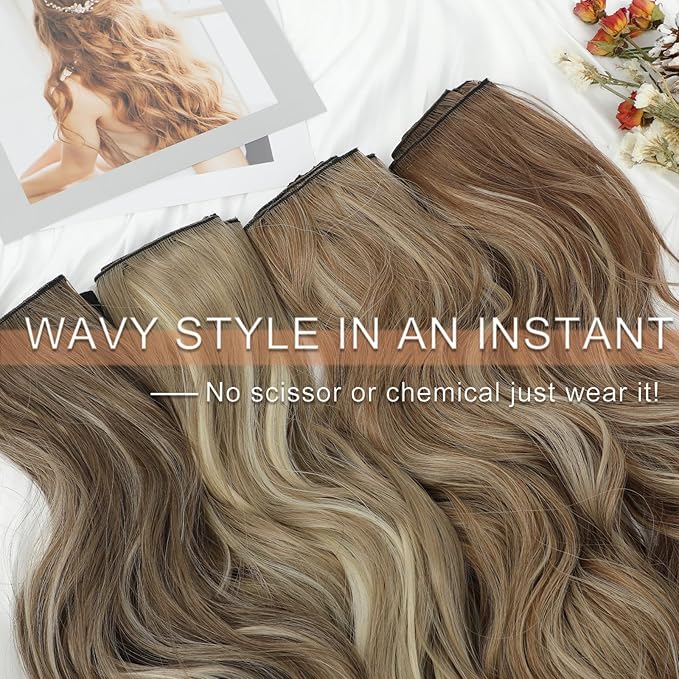Clip in Hair Extensions for Women - 20 Inch Long Wavy Brown Extensions, 6PCS Light Brown Mix Blonde Hairpieces that Blend Naturally with Your Real Hair (20 Inch, Light Brown Mix Blonde)