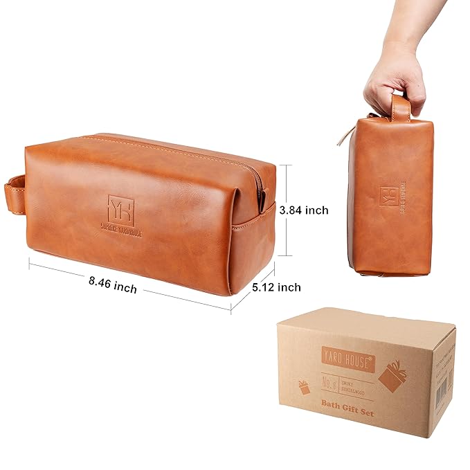 Luxury Mens Bath and Body Gift Set Basket For Him - Smoky Sandalwood - All Natural Skin Care Kit For Men w. Full Size Body Wash, Facial Scrub, Body Lotion, Deodorant in Leather Toiletry Bag