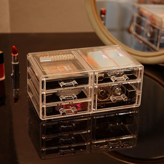 Cq acrylic 2 Pack Clear Makeup Storage Organizer,Stackable 5 Drawers Make up Organizers,Cute Desk Organizer for Vanity Jewelry,Hair Clip,Beauty,Skincare Product Bathroom Counter Organizers and Storage