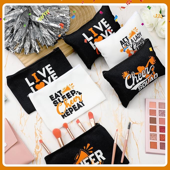 Pinkunn 20 Pcs Cheer Makeup Bags Bulk Cheerleader Gifts for Women Canvas Cheer Cosmetic Pouch Toiletry Zipper Makeup Case Cheerleading Portable Travel Pouch Team Accessories(Orange)