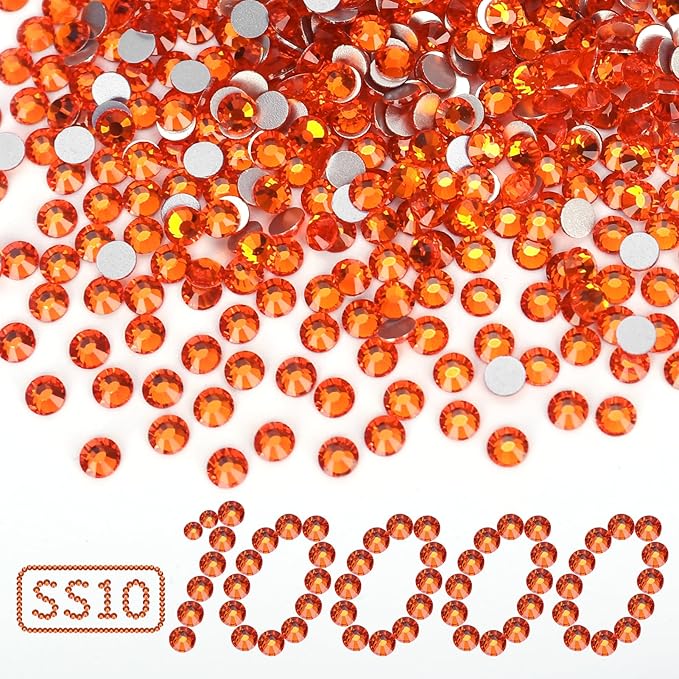 10000PCS Orange Rhinestones Bulk, Flat Back Crystal Glass Stone Round Gems,SS10, 2.7-2.9mm