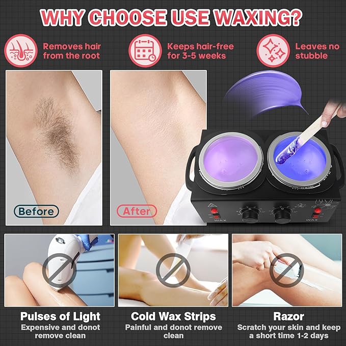 1.2L Double Wax Warmer Machine Wax Pot for Hair Removal, Professional Electric Wax Heater with Adjustable Temperature Set for Women Men with 40PCS Wooden Wax Sticks and Two Silicone Bowls