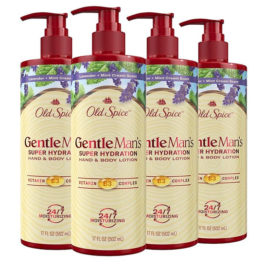 Old Spice Hand & Body Lotion for Men, Gentleman's Super Hydration, 24/7 Moisturizing with Vitamin B3 Complex, Fast Absorbing, Lavender + Mint Cream, 17 oz (Pack of 4)
