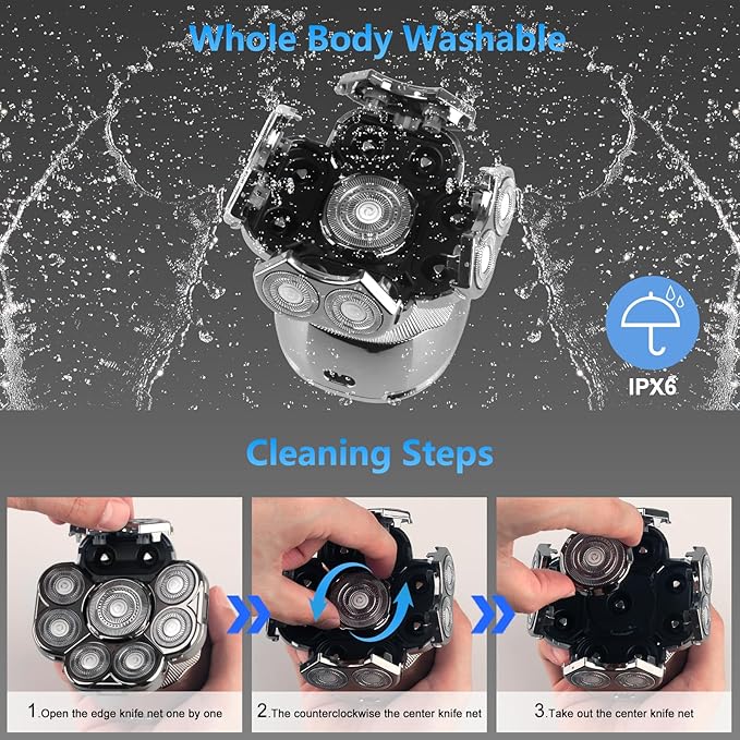 9D Head Shavers for Bald Men, 6-in-1 Electric Razor for Men, Cordless Rechargeable & Waterproof Bald Head Shavers for Mens with Large Battery, LED Display, Wet/Dry Shave