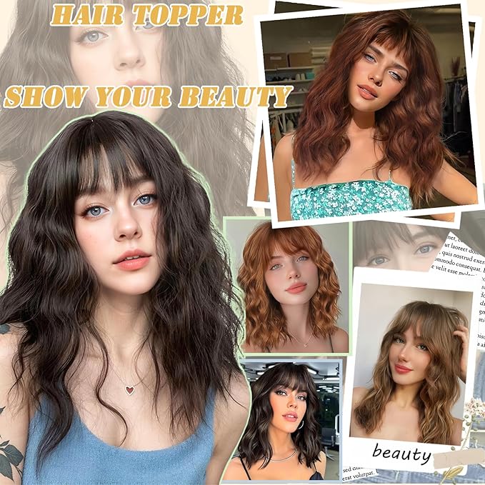 16 Inch Hair Toppers for Women with Thinning Hair, 360° 3D Realistic Toppers for Women Wispy Bangs Clip Synthetic Curly Wavy (8-10)