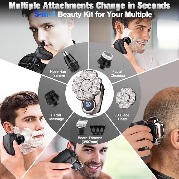 9D Electric Head Shaver for Bald Men, Upgraded 5-in-1 Head Shaver for Bald Men, Waterproof Wet/Dry Grooming Kit Electric Shaver for Men, Cordless Rechargeable Bald Head Razor for Home&Travel
