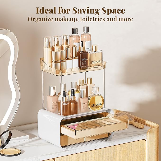 Delamu Bathroom Counter Organizer 2-Drawers 2-Tier Acrylic Makeup Organizer for Vanity Countertop, Skincare Perfume Storage, Easy Assembly, Ideal Gift for Women Amber