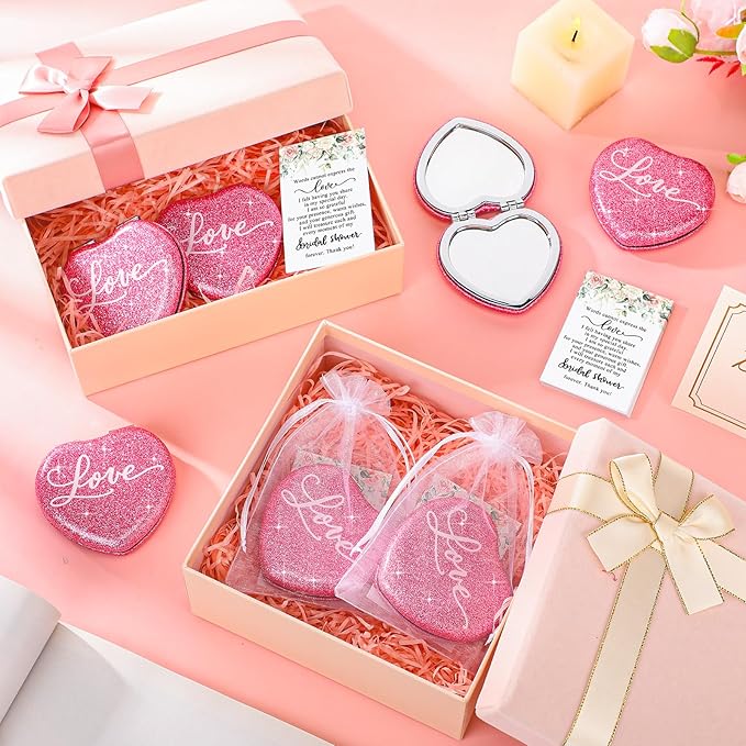 12 Sets Bridal Shower Favors for Guests Include Pink Heart Compact Mirrors Bulk Thank You Cards and Organza Bags Bridal Shower Thank You Gifts Wedding Souvenirs for Bridesmaid