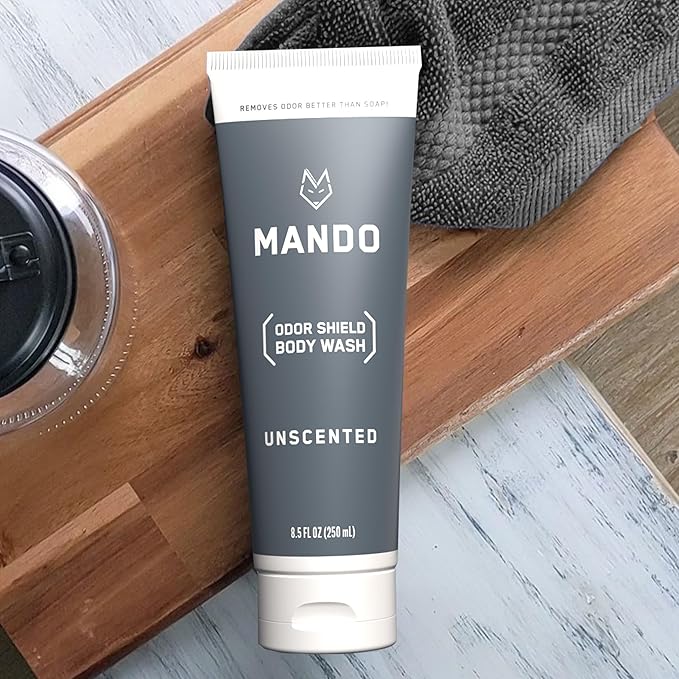 Mando Odor Shield Body Wash - 24 Hour Control - Removes Odor Better than Soap - SLS Free and Paraben Free, Skin Safe - 8.5 Ounce (Unscented)