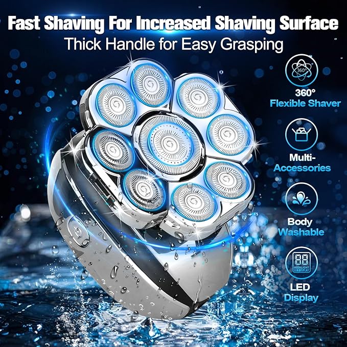 Upgrade Head Shavers for Bald Men,Head Shaver 9D, 6-in-1 Electric Razor Grooming Kit with Nose Hair Trimmer, Waterproof Wet/Dry Shaver, LED Display, Rechargeable Bald Head Razor, Gift for Men (silver)