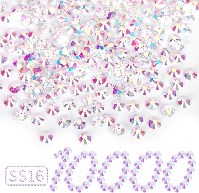 10000PCS Transparent AB Rhinestones Bulk, Flat Back Crystal Glass Stone Round Gems,SS16, 3.8-4.0mm