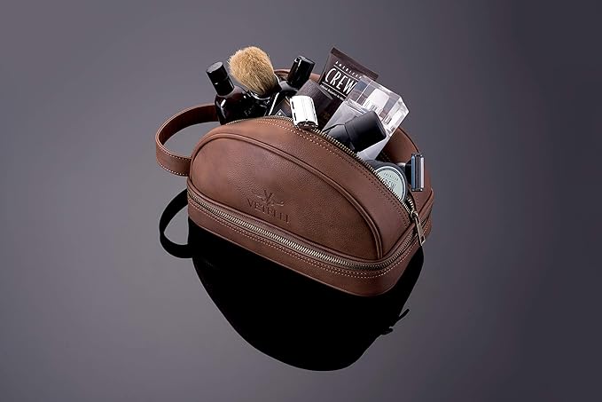 Vetell Classic Leather Men's Travel Toiletry Bag and Dopp Kit with Upper and Lower Zippered Compartments, 2 Mesh Bottle Pouches and Carrying Handle