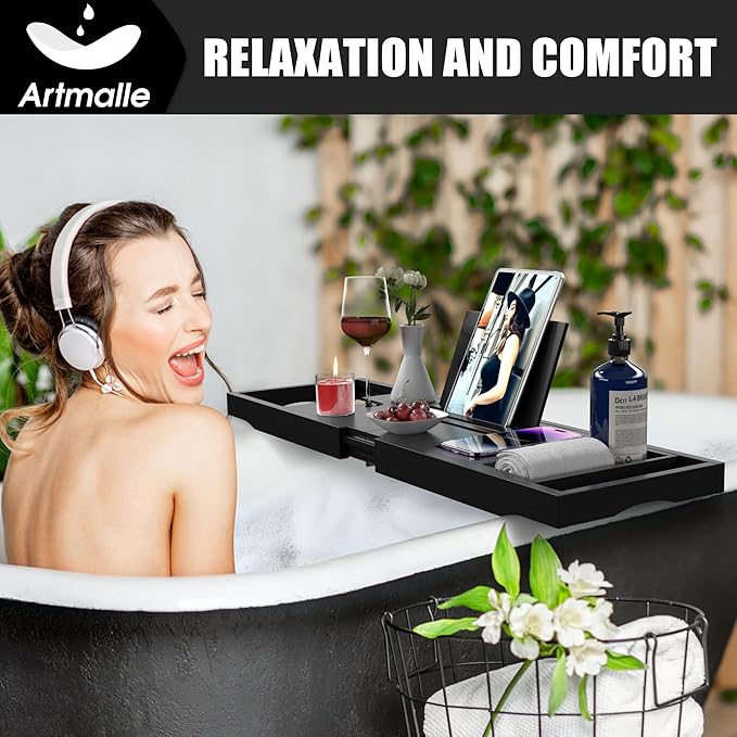 Artmalle Foldable Bathtub Tray Table, Bamboo Bathtub Caddy Tray for Tub with Book Holder for Luxury Bath, Bathroom Accessories for Women Men with Free Soap Dish (Semi-Simple, Black)