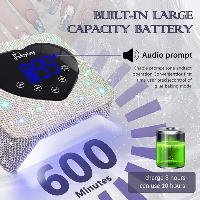 UV LED Nail Lamp for Nails, Kicylicy UV Nail Lamp 72W,Cordless UV Nail Lamp for Gel Polish, Rechargeable Diamond LED Nail Dryer with 5 Timer Settings, Touch Control&Auto Sensor for Salon&Home