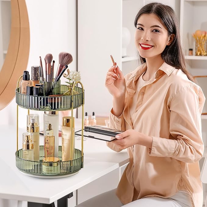 Aveniee Rotating Makeup Organizer for Vanity, Upagraded Perfume Skincare Bathroom Counter Organizers with Brush Divider, 2 Tier Spinning Lipstick Cosmetic Lotion Storage(Green)