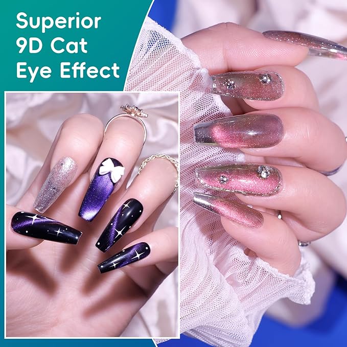 Clara Colors Cat Eye Gel Nail Polish Kit with UV Light, 12 Colors Upgraded 9D Magnetic Gel Nail Polish Galaxy Chameleon Effect Glitter Gel Nail Polish Kit with Magnet Stick Base Top Coat Tools