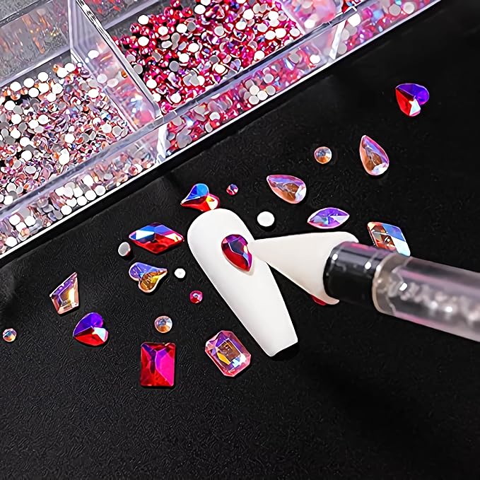 12 Types of Pink AB 600 Diamonds + 2500 Flat Rhinestones Mix 20 Styles Flatback DIY Crafts Rhinestone Crystals 3D Decorations Flat Back Stones Set + Rhinestone Picker Wax Pen