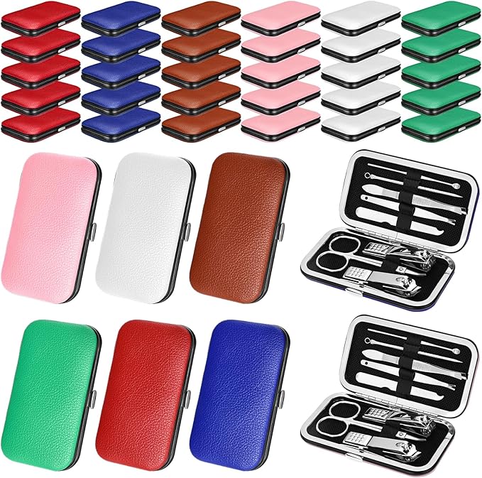 30 Sets Bulk Gifts for Women Manicure Set Bulk Professional Nail Care Kit Nail Clippers Kit 8 in 1 Stainless Steel Pedicure Set with Travel Case for Women Men(Litchi Rind Print)