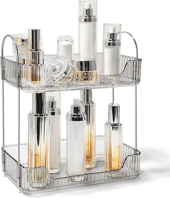 Bathroom Counter Organizer Countertop Storage Skincare Countertop Makeup Organizer Cosmetics Skincare Organizers Holder for Perfume-Grey-Silver Pole