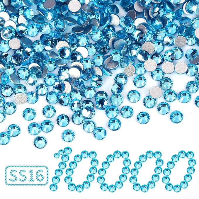 10000PCS Aquamarine Rhinestones Bulk, Flat Back Crystal Glass Stone Round Gems,SS16, 3.8-4.0mm