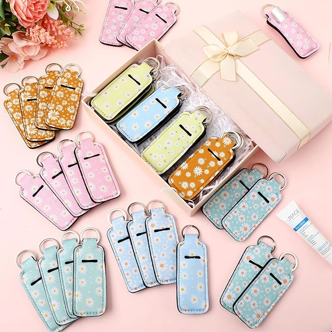 Ctosree 40 Pcs Colorful Daisy Theme Lipstick Holder Keychain Bulk with Portable Clip on Lip Gloss Sleeve Pouch Keychain Daisy Pocket Lip Balm Holder, 10 Pattern