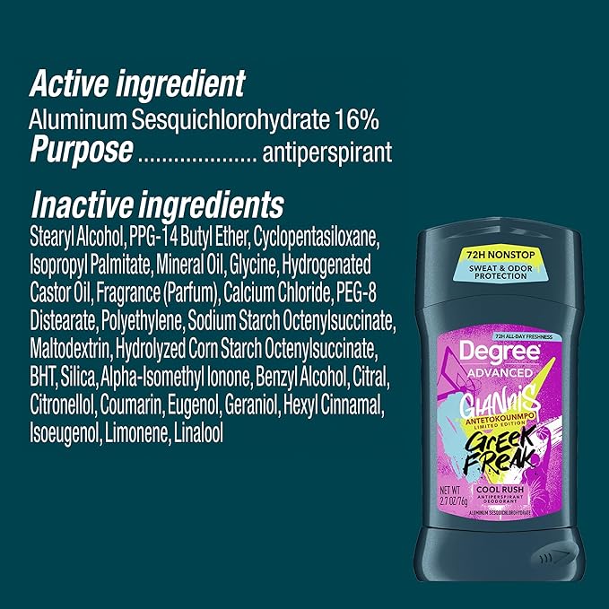 Degree Men’s Antiperspirant Deodorant, Cool Rush, 5-Pack – Giannis Antetokounmpo “Greek Freak” Limited Edition, 72H Sweat & Odor Protection, 2.7 Oz Ea