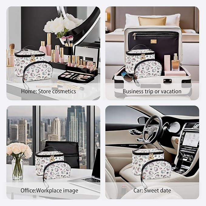 AmBealla Cosmetic Bag Large Makeup Bags White Travel Case with Makeup Brush Holder,2PCS Cosmetic Organizer for women, Toiletry Storage Bag for Skincare & Beauty Tools Sweet Cute for Girls